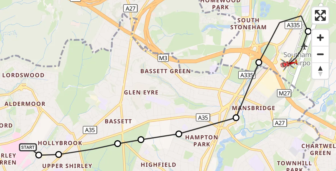 Flight route Air Ambulance Helicopter University Hospital Southampton - Southampton Airport, 22 October 2026, 22:52