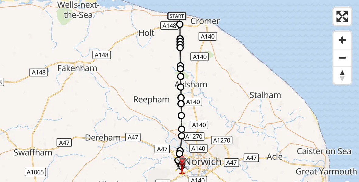 Flight route Air Ambulance Helicopter Sheringham - Norfolk & Norwich Hospital, 22 October 2026, 23:18