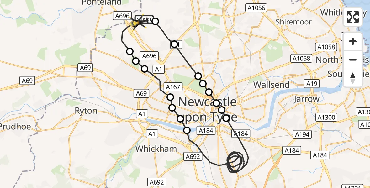 Flight route Police Helicopter Newcastle International Airport - Newcastle International Airport, 22 October 2026, 23:42
