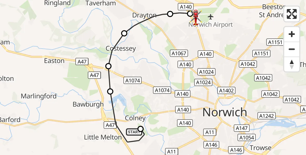 Flight route Air Ambulance Helicopter Norfolk & Norwich Hospital - Norwich Airport, 23 October 2026, 00:00