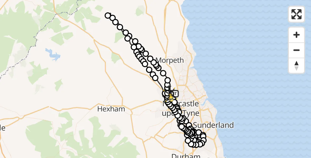 Flight route Police Helicopter Newcastle International Airport - Woolsington, 23 October 2026, 00:52