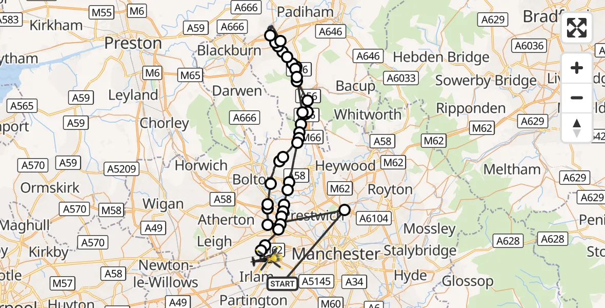 Flight route Police Helicopter Urmston - Irlam, 23 October 2026, 04:26