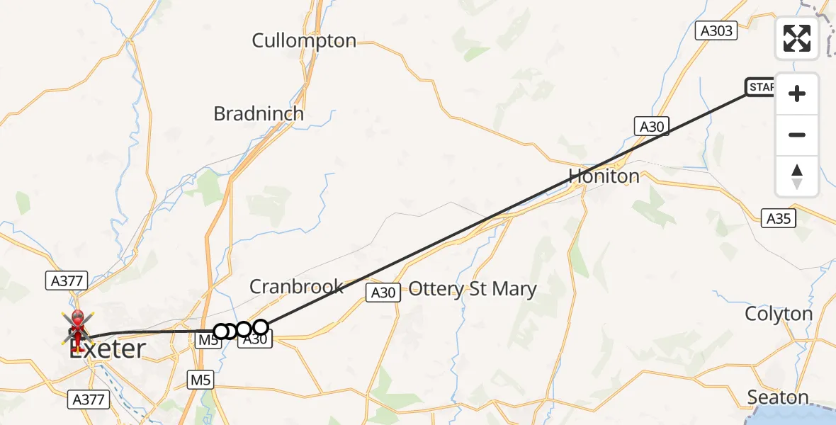 Flight route Air Ambulance Helicopter Stockland - Exeter, 23 October 2026, 07:27