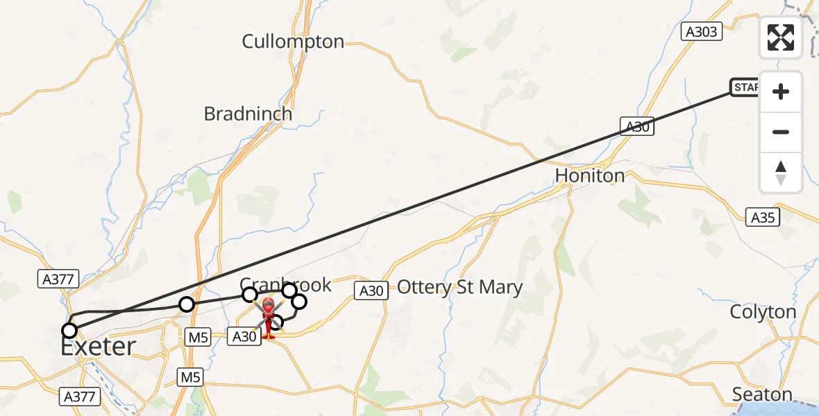 Flight route Air Ambulance Helicopter Stockland - Exeter International Airport, 23 October 2026, 07:56
