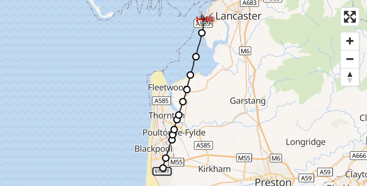 Flight route Air Ambulance Helicopter Common Edge - Lancaster, 23 October 2026, 07:58