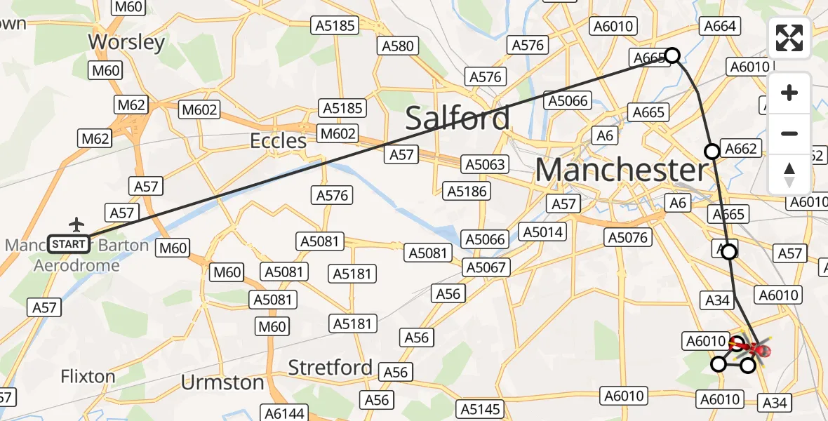 Flight route Air Ambulance Helicopter Manchester Barton Aerodrome - Longsight, 23 October 2026, 07:59