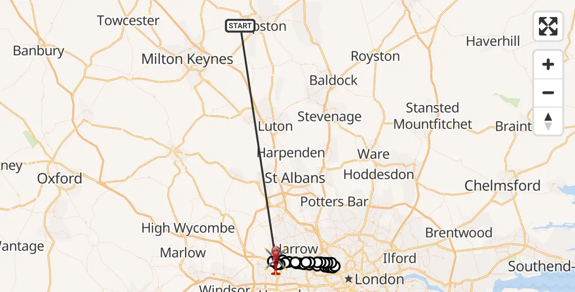 Flight route Air Ambulance Helicopter Stagsden - RAF Northolt, 23 October 2026, 08:03
