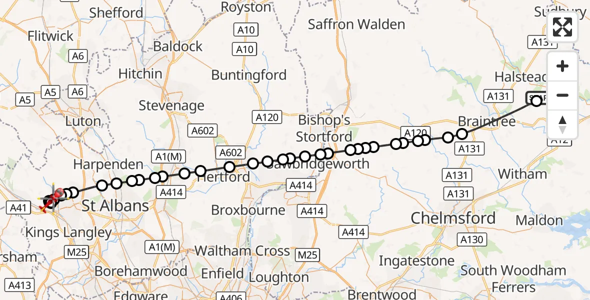 Flight route Air Ambulance Helicopter Earls Colne Airfield - Hemel Hempstead, 23 October 2026, 08:12