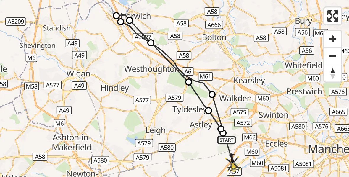 Flight route Police Helicopter Worsley - Eccles, 23 October 2026, 09:01