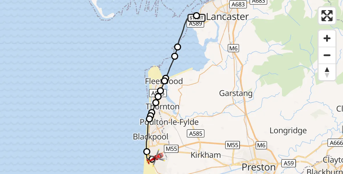 Flight route Air Ambulance Helicopter Heysham - Blackpool Airport, 23 October 2026, 09:14