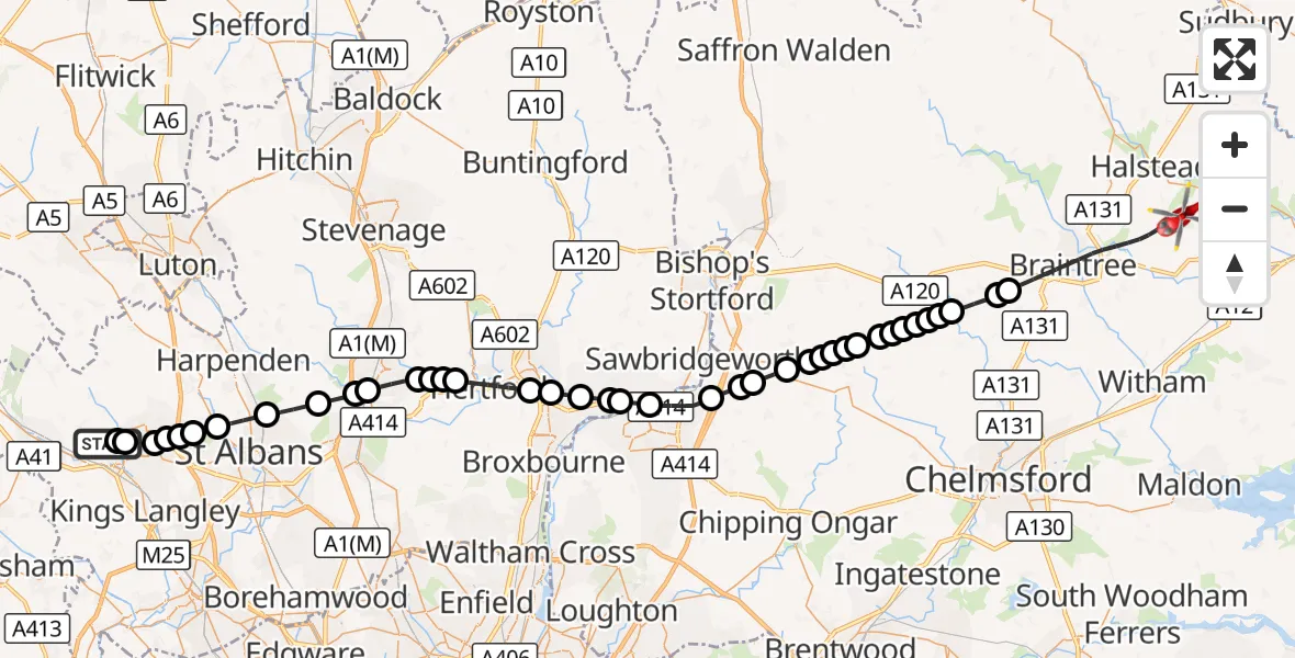Flight route Air Ambulance Helicopter Piccotts End - Earls Colne Airfield, 23 October 2026, 09:17