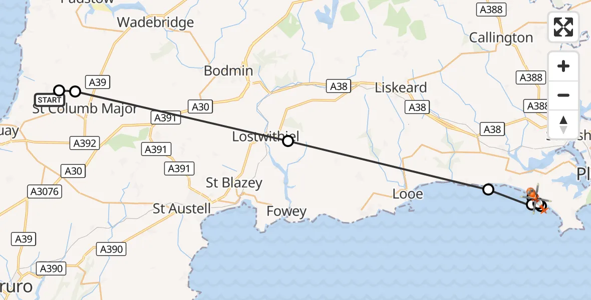 Flight route Coastguard Helicopter Cornwall Airport Newquay - Freathy, 23 October 2026, 09:58