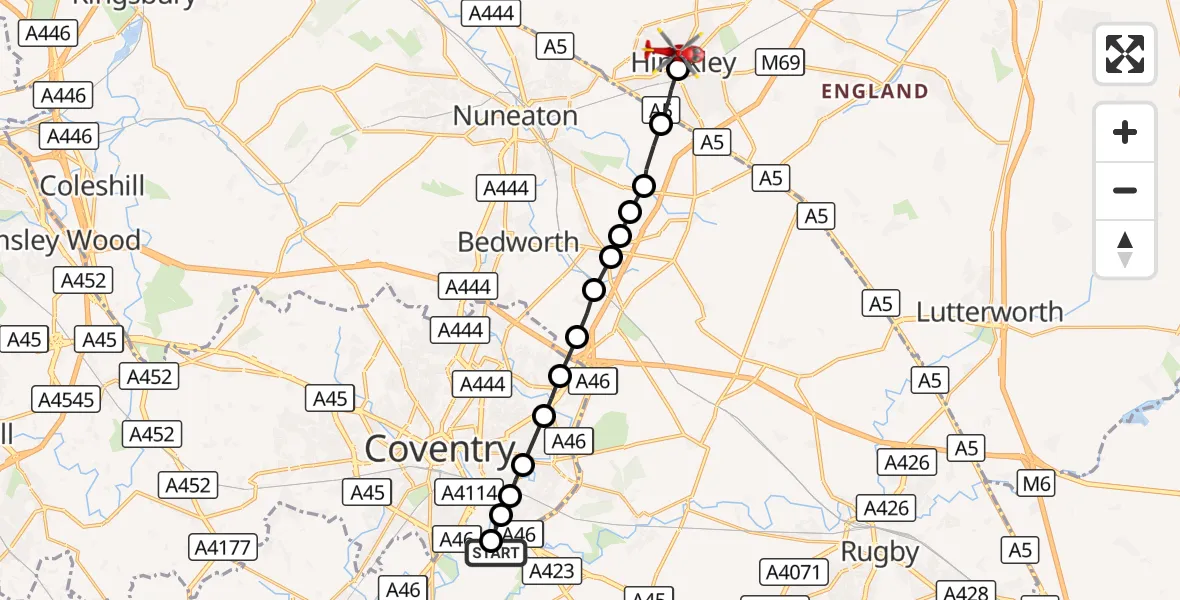 Flight route Air Ambulance Helicopter Coventry Airport - Hinckley, 23 October 2026, 10:24