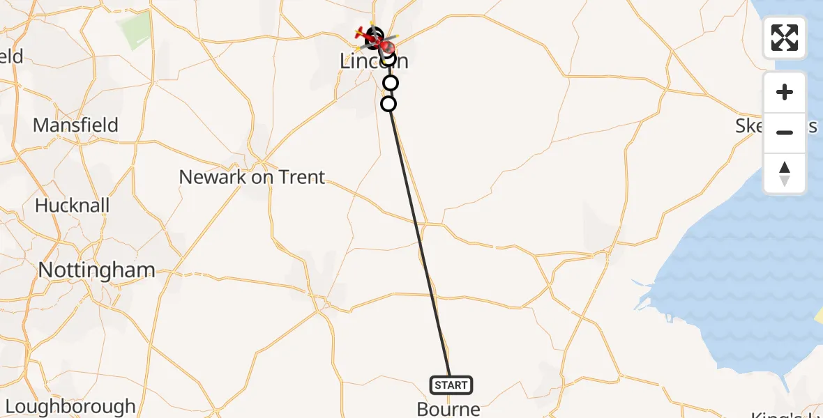 Flight route Air Ambulance Helicopter Morton - Lincoln, 23 October 2026, 10:28