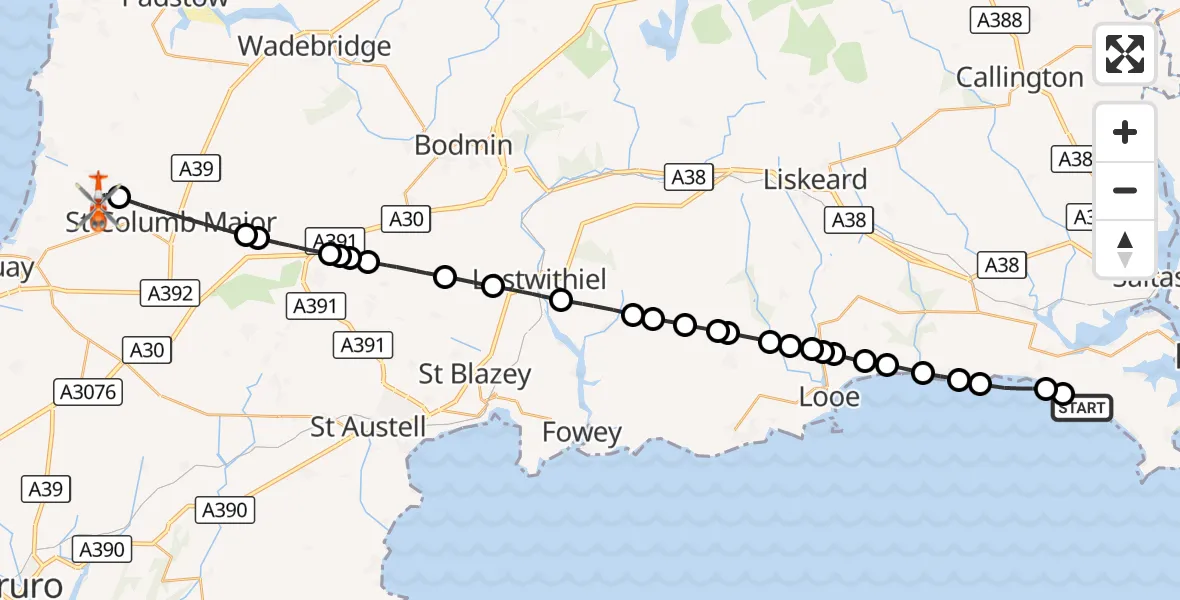 Flight route Coastguard Helicopter Antony - Cornwall Airport Newquay, 23 October 2026, 10:34