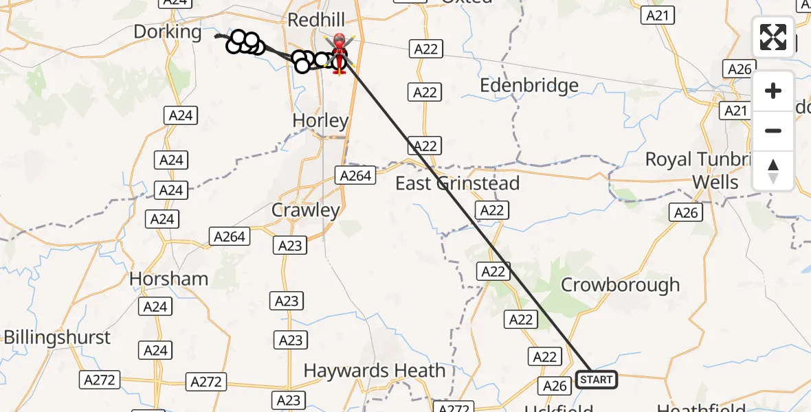 Flight route Air Ambulance Helicopter Buxted - Redhill Aerodrome, 23 October 2026, 10:46