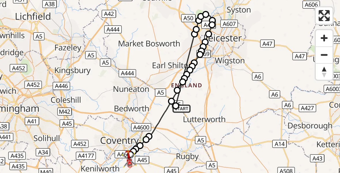 Flight route Air Ambulance Helicopter Claybrooke Parva - Coventry Airport, 23 October 2026, 11:07