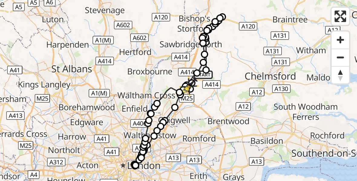 Flight route Police Helicopter Magdalen Laver - Coopersale, 23 October 2026, 11:07