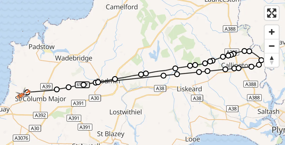 Flight route Coastguard Helicopter Withiel - Cornwall Airport Newquay, 23 October 2026, 11:12