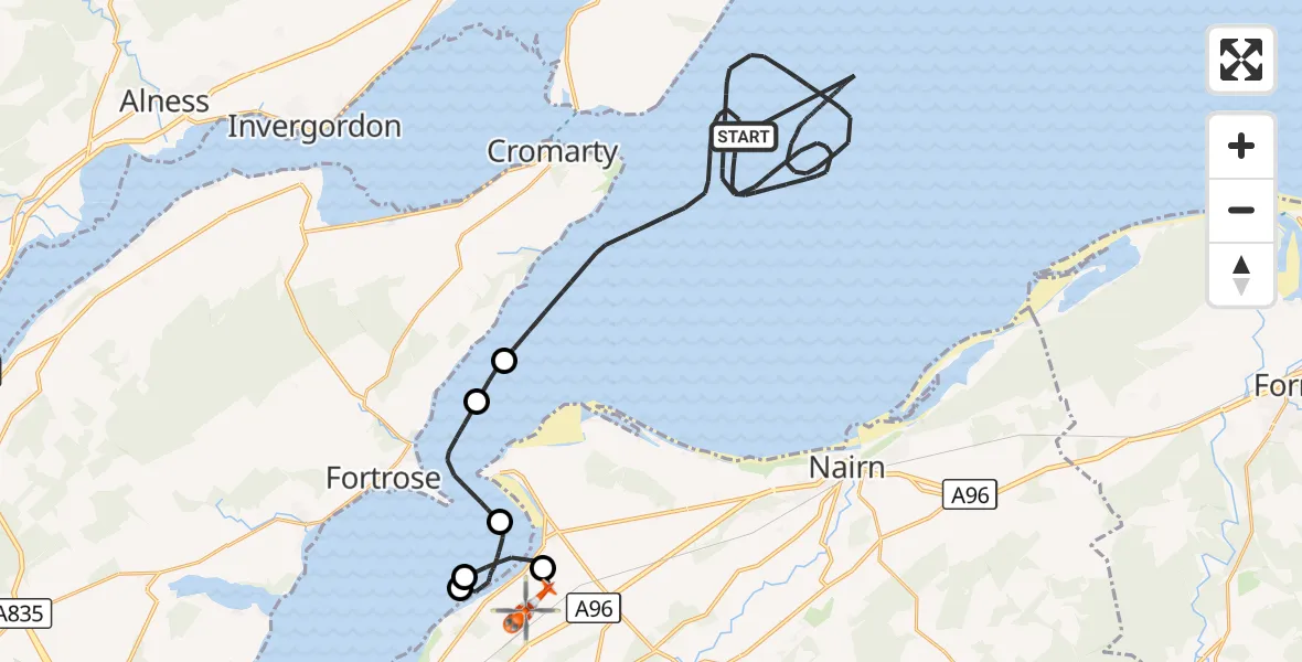 Flight route Coastguard Helicopter North Sea - Inverness Airport, 23 October 2026, 11:21