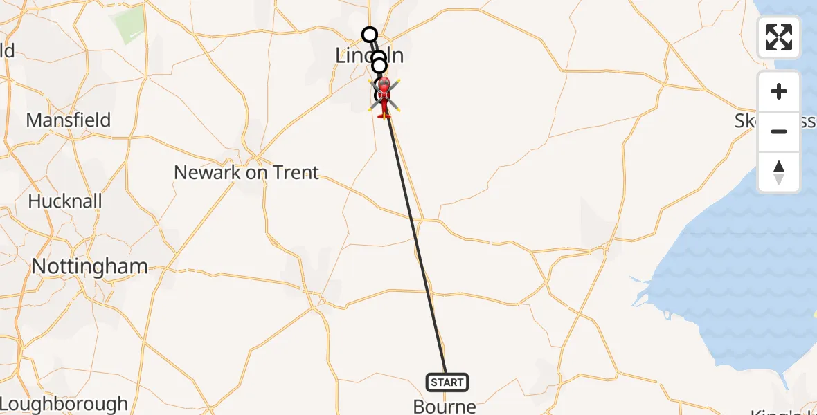 Flight route Air Ambulance Helicopter Morton - North Kesteven, 23 October 2026, 11:50