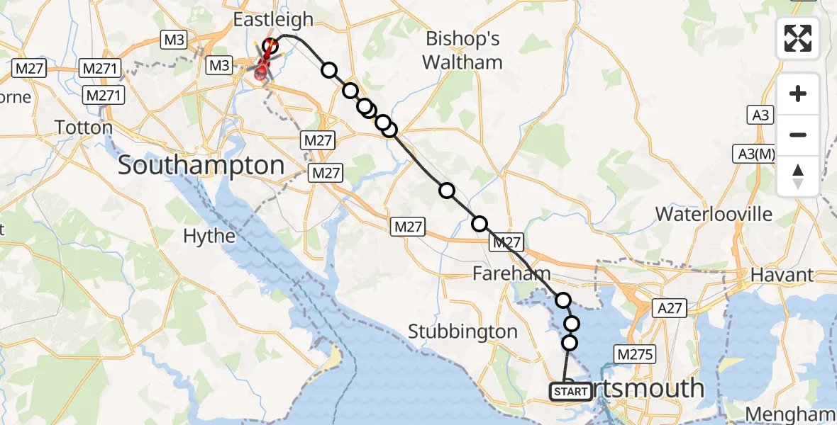 Flight route Air Ambulance Helicopter Gosport - Southampton Airport, 23 October 2026, 12:29