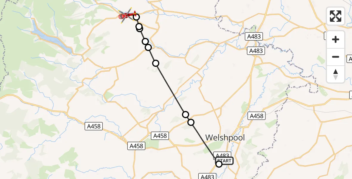 Flight route Air Ambulance Helicopter Welshpool Airport - Pen-y-bont-fawr, 23 October 2026, 12:33
