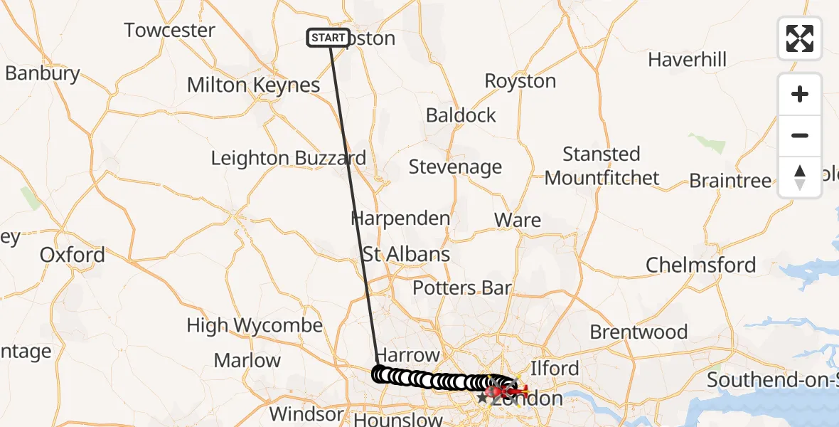 Flight route Air Ambulance Helicopter Stagsden - Royal London Hospital, 23 October 2026, 13:20