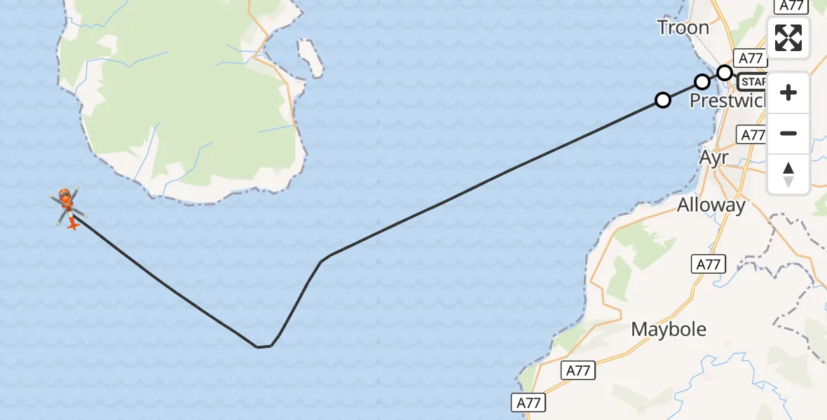 Flight route Coastguard Helicopter Glasgow Prestwick Airport - Inner Seas, 23 October 2026, 13:27