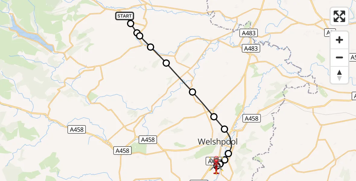 Flight route Air Ambulance Helicopter Llanrhaeadr-ym-Mochnant - Welshpool Airport, 23 October 2026, 13:32
