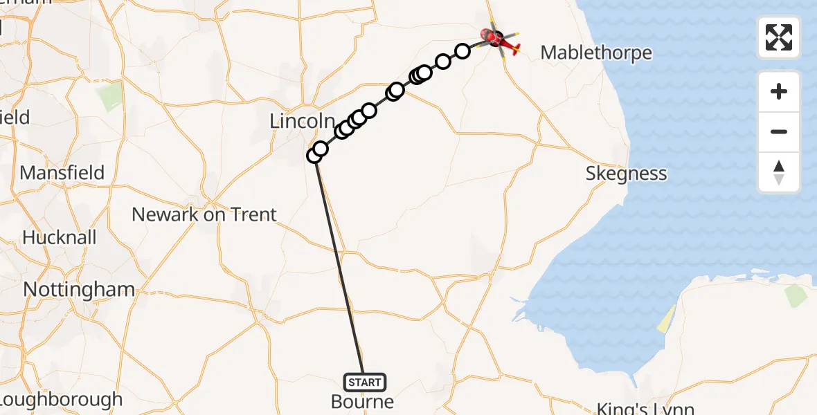 Flight route Air Ambulance Helicopter Morton - Louth, 23 October 2026, 13:50