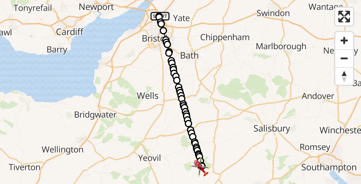 Flight route Air Ambulance Helicopter Almondsbury Helicopter Base - Okeford Fitzpaine, 23 October 2026, 14:00