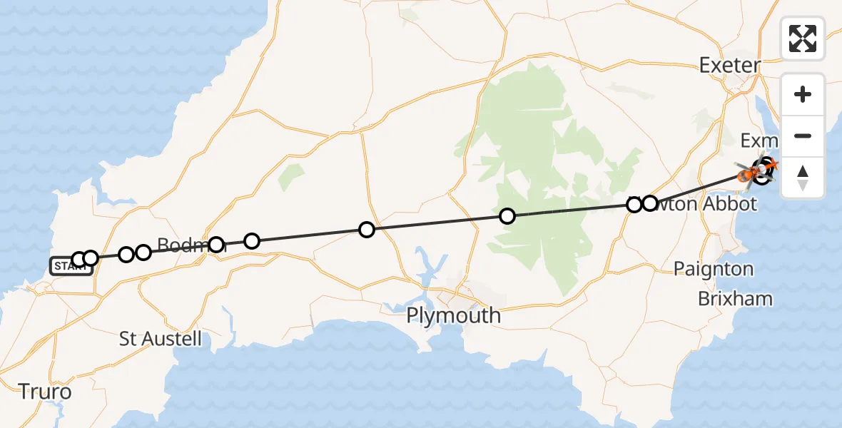 Flight route Coastguard Helicopter Cornwall Airport Newquay - Dawlish, 23 October 2026, 14:08