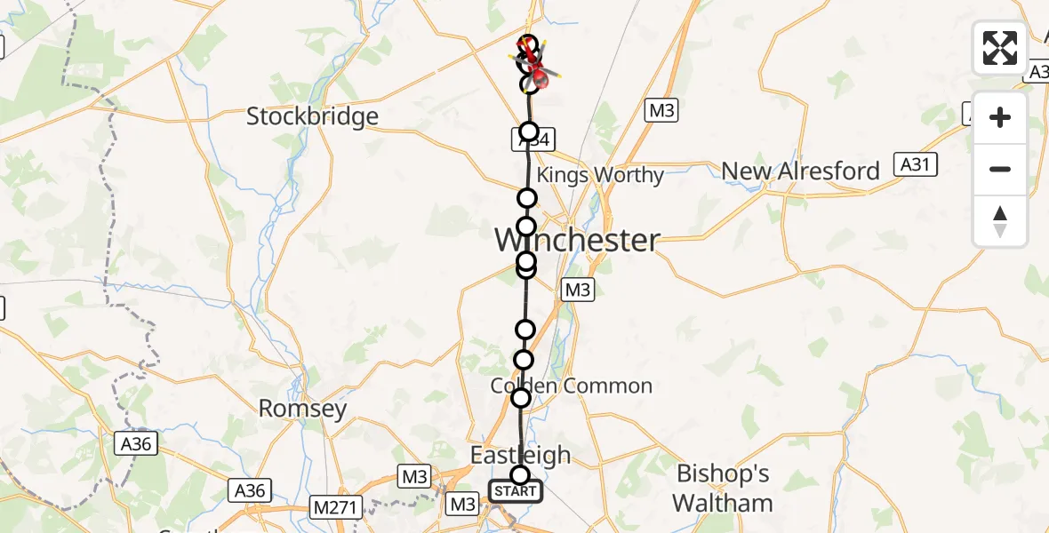 Flight route Air Ambulance Helicopter Southampton Airport - South Wonston, 23 October 2026, 14:27