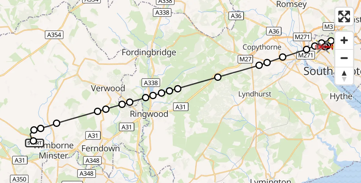 Flight route Air Ambulance Helicopter Pamphill - University Hospital Southampton, 23 October 2026, 14:32