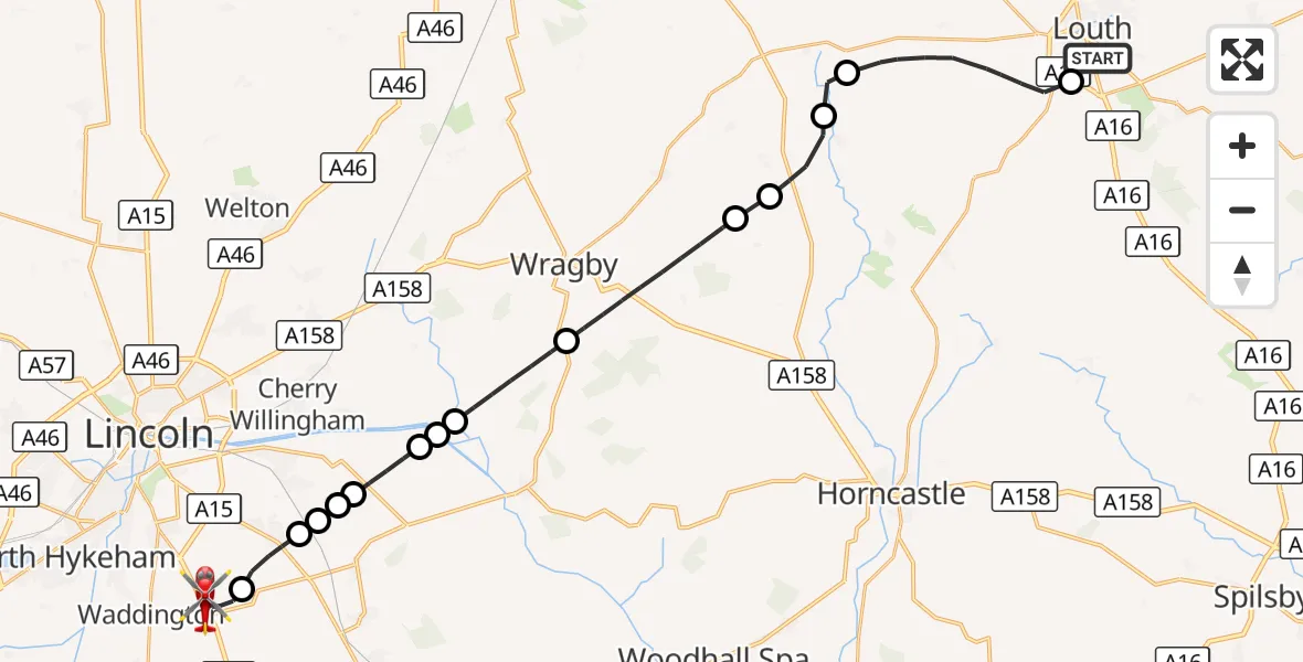 Flight route Air Ambulance Helicopter Louth - North Kesteven, 23 October 2026, 14:41
