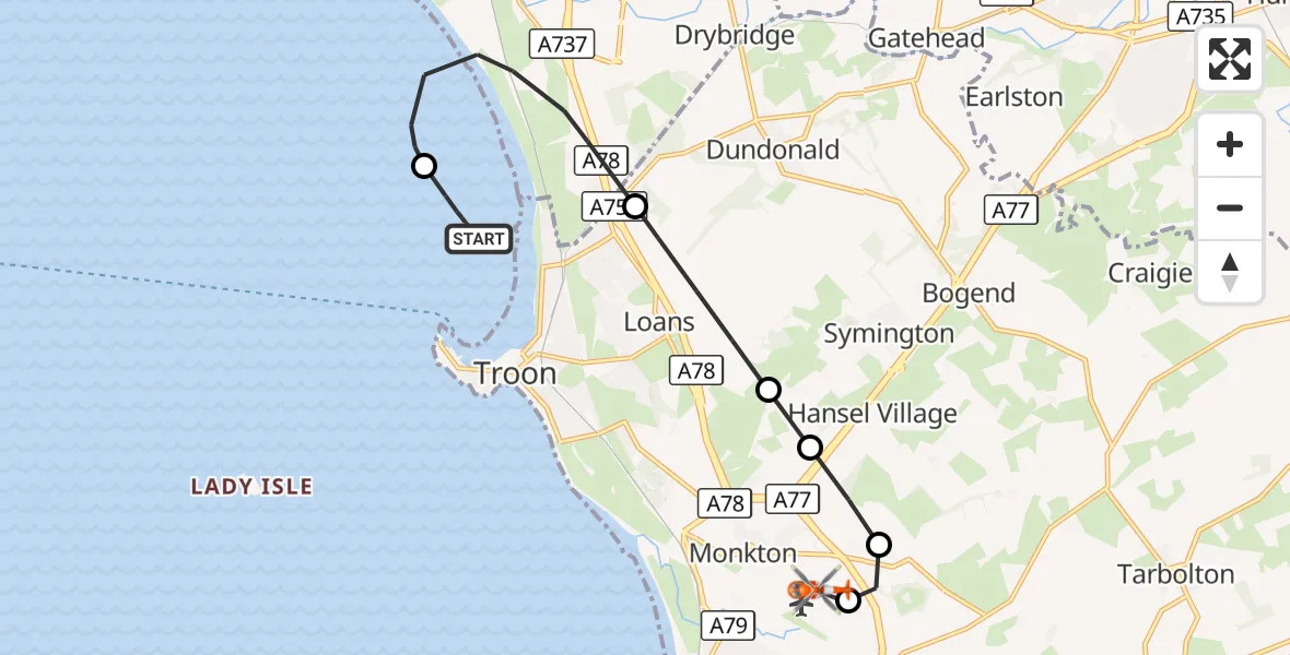 Flight route Coastguard Helicopter Troon - Glasgow Prestwick Airport, 23 October 2026, 14:58