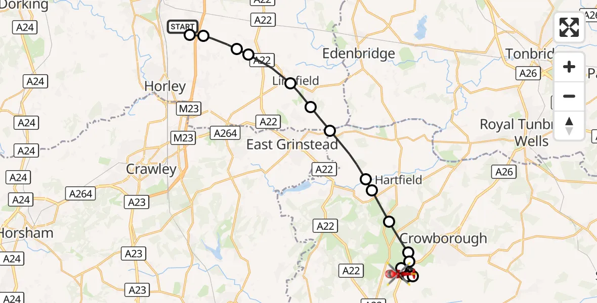 Flight route Air Ambulance Helicopter Redhill Aerodrome - Fairwarp, 23 October 2026, 15:00