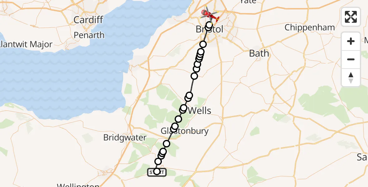 Flight route Air Ambulance Helicopter Drayton - Bristol, 23 October 2026, 15:14