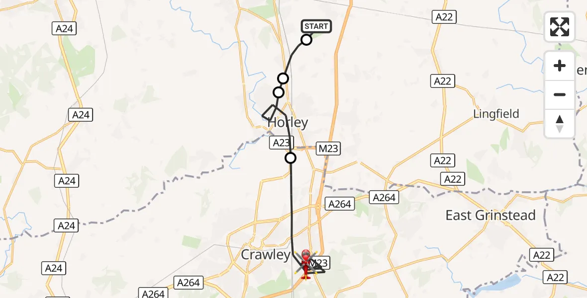 Flight route Air Ambulance Helicopter Redhill Aerodrome - Crawley, 23 October 2026, 15:21