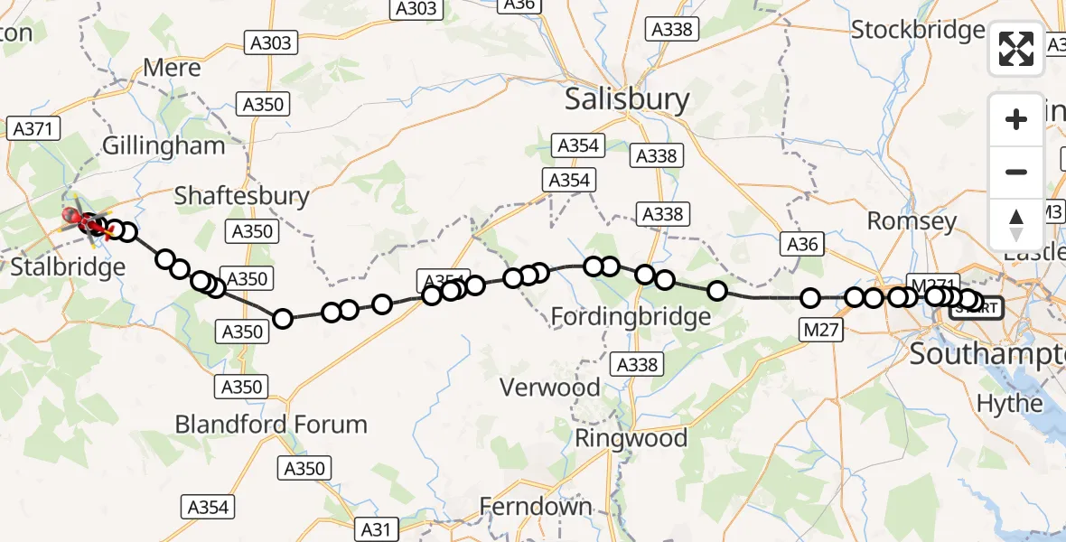 Flight route Air Ambulance Helicopter University Hospital Southampton - Henstridge Airfield, 23 October 2026, 15:30