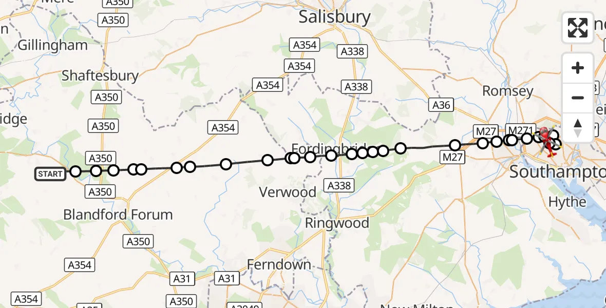 Flight route Air Ambulance Helicopter Okeford Fitzpaine - University Hospital Southampton, 23 October 2026, 15:34