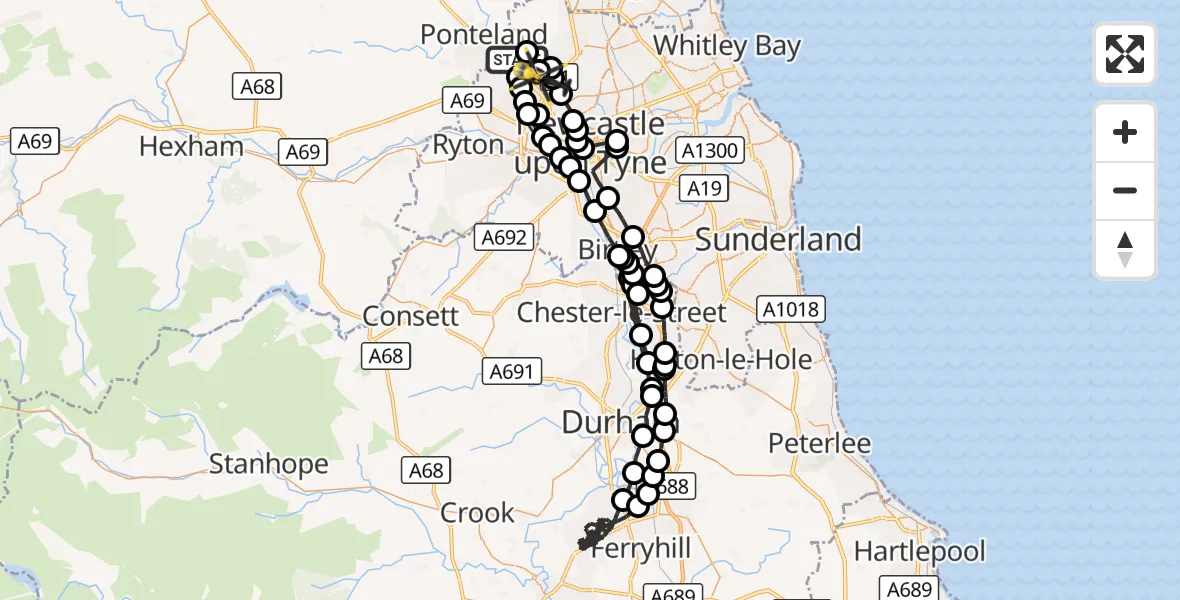 Flight route Police Helicopter Newcastle International Airport - Woolsington, 23 October 2026, 15:45