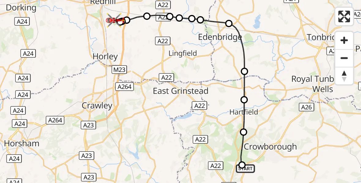 Flight route Air Ambulance Helicopter Fairwarp - Redhill Aerodrome, 23 October 2026, 15:57