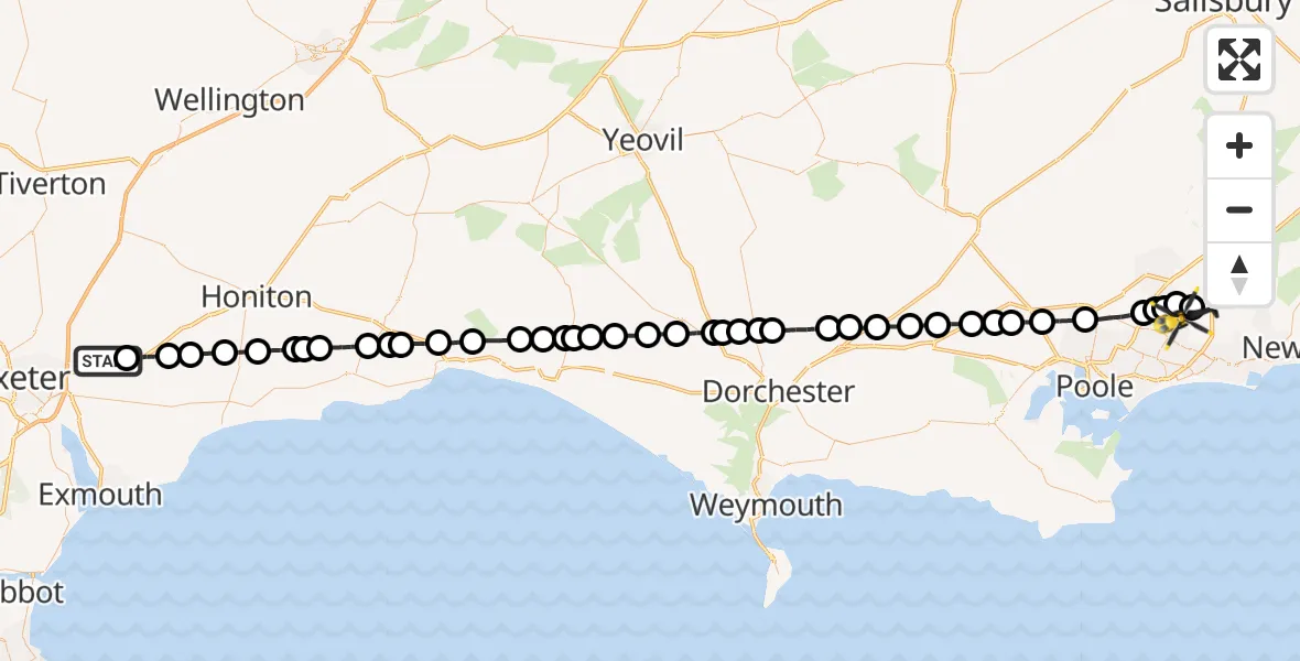 Flight route Police Helicopter Exeter International Airport - Bournemouth Airport, 23 October 2026, 16:01