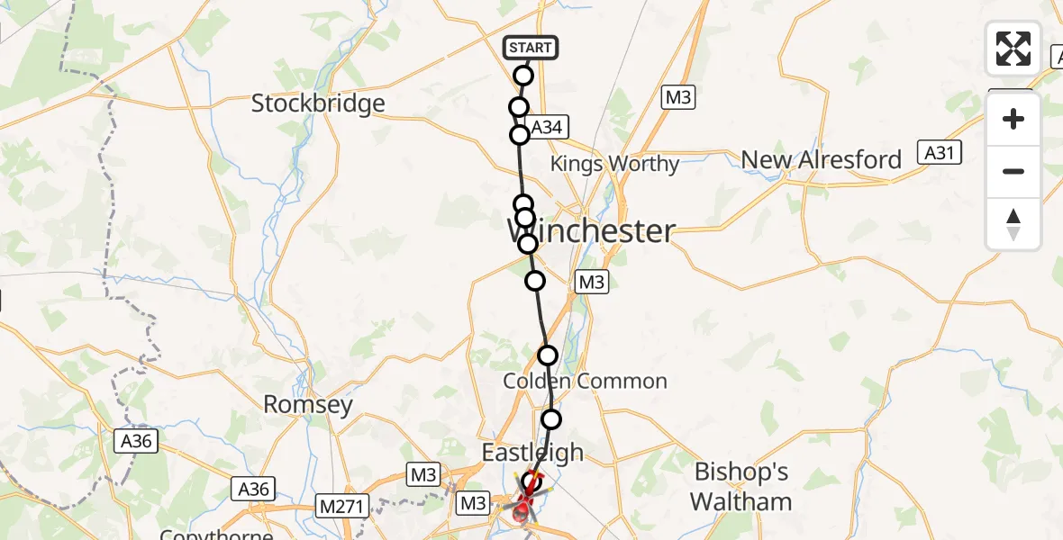 Flight route Air Ambulance Helicopter Sutton Scotney - Southampton Airport, 23 October 2026, 16:04