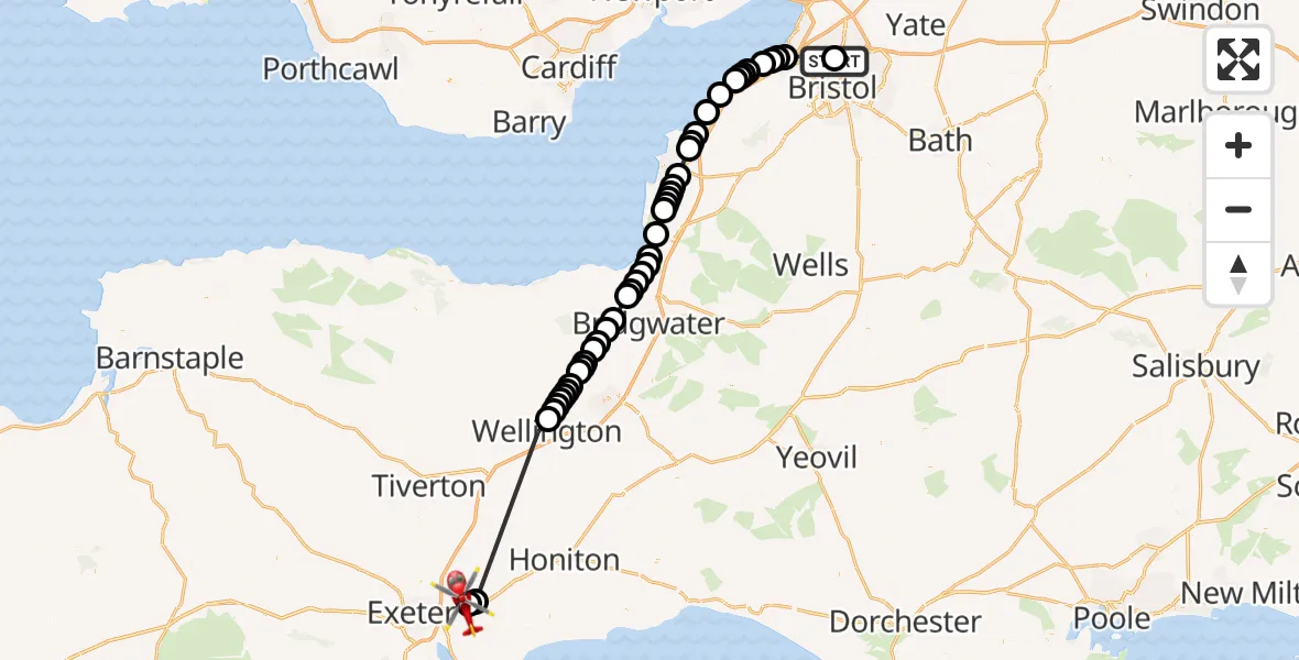 Flight route Air Ambulance Helicopter Southmead Hospital - Exeter International Airport, 23 October 2026, 16:09