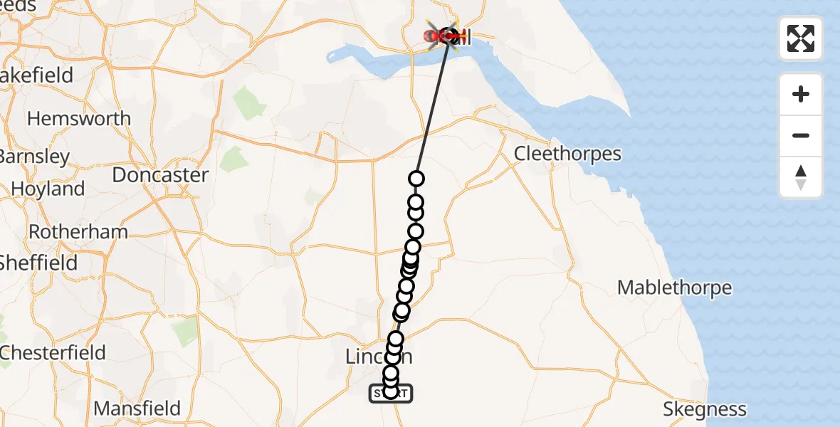 Flight route Air Ambulance Helicopter RAF Waddington - Hull Royal Infirmary, 23 October 2026, 16:18