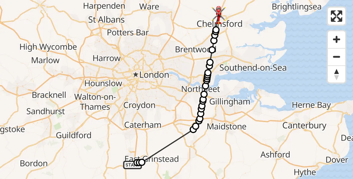 Flight route Air Ambulance Helicopter Crawley - Chelmsford, 23 October 2026, 16:28