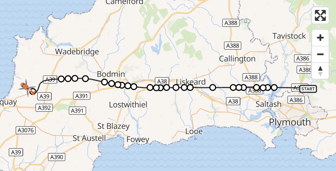 Flight route Coastguard Helicopter Bickleigh - Cornwall Airport Newquay, 23 October 2026, 16:33